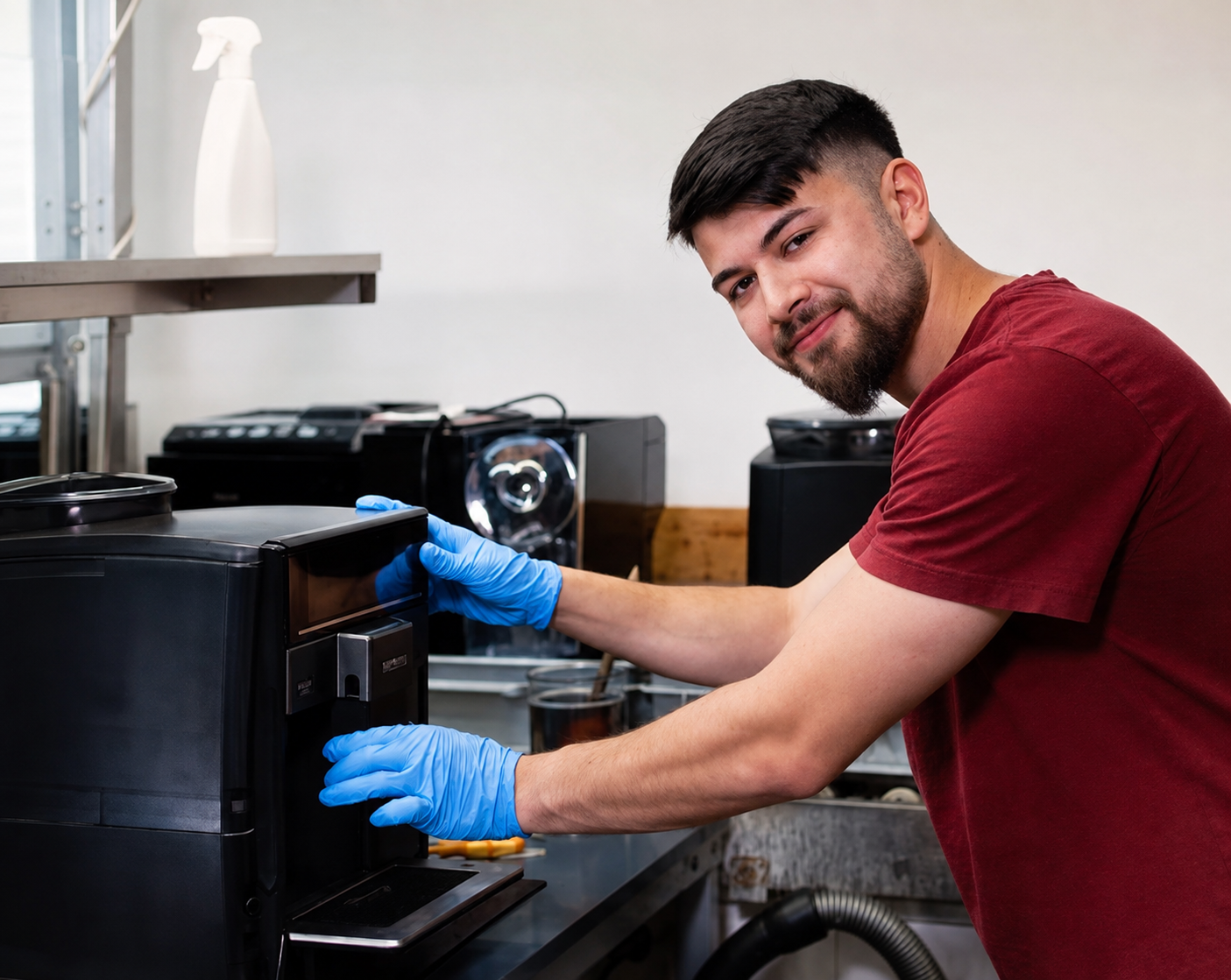 Technician servicing commercial beverage equipment